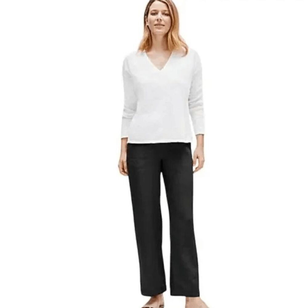 Eileen Fisher Petite Wide Leg Trousers Flat Front Linen Pants Charcoal Gray PL